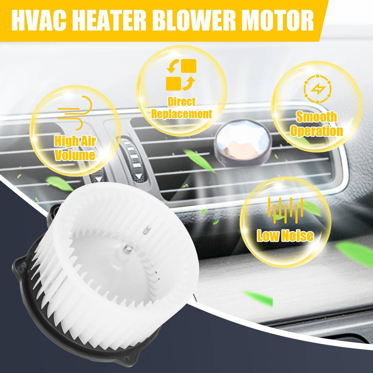 HVAC blower motor with fan cage, white vent wheel and black housing