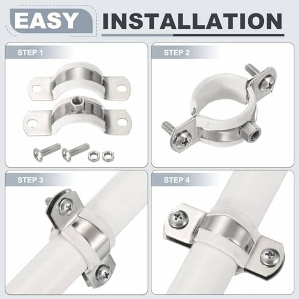 Split-ring pipe hanger secured with bolts on a plastic pipe section.