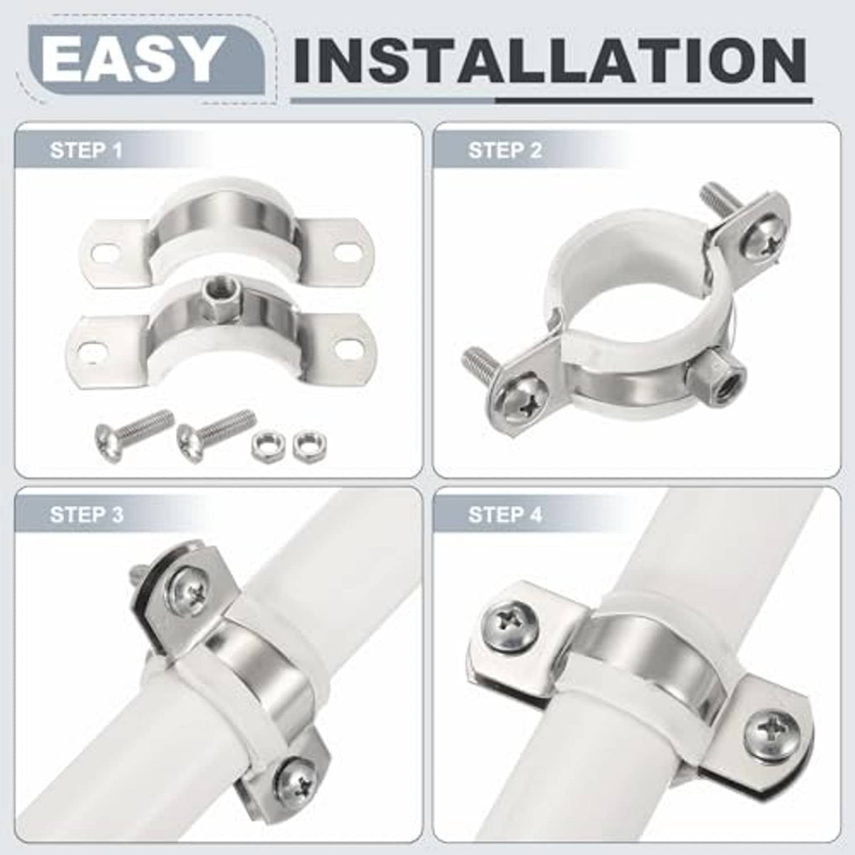 Split-ring pipe hanger secured with bolts on a plastic pipe section.