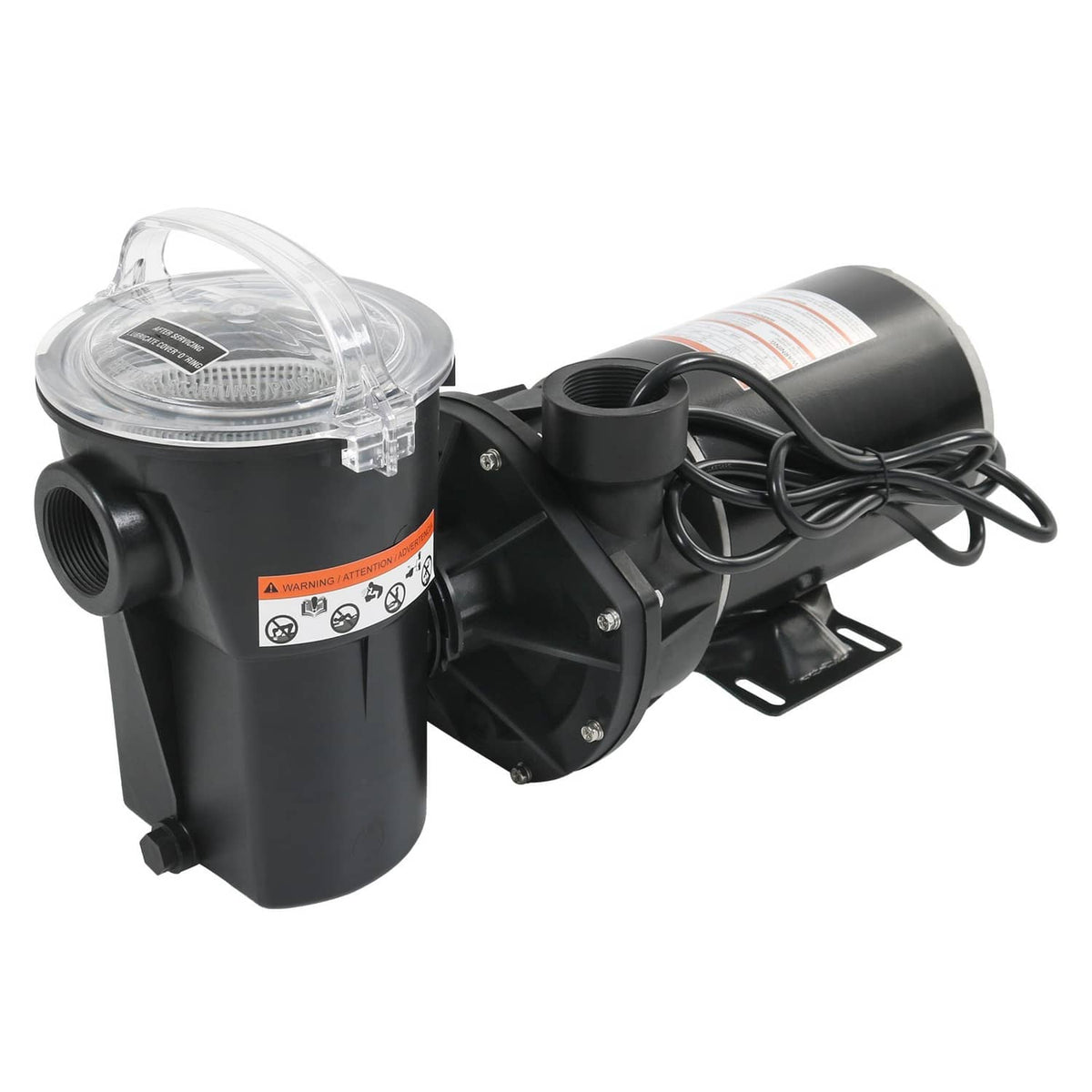 Black pool pump replacement with clear strainer lid and attached power cord