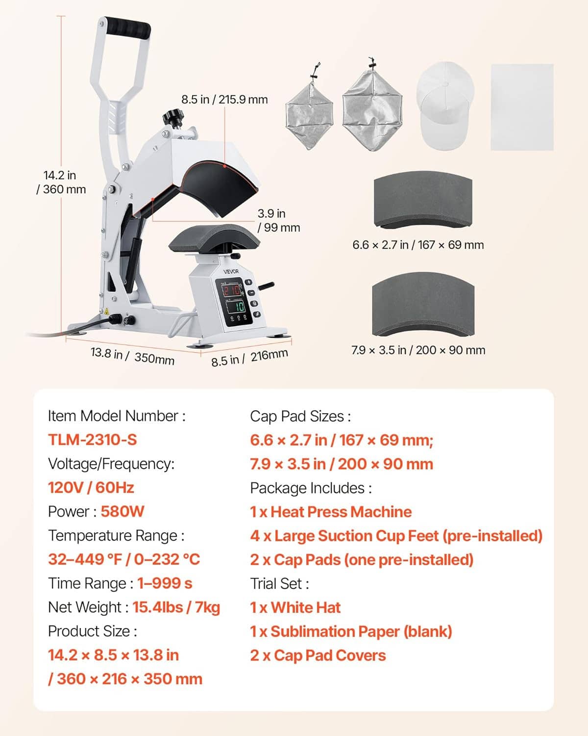Hat heat press machine diagram with cap pad sizes and included accessories