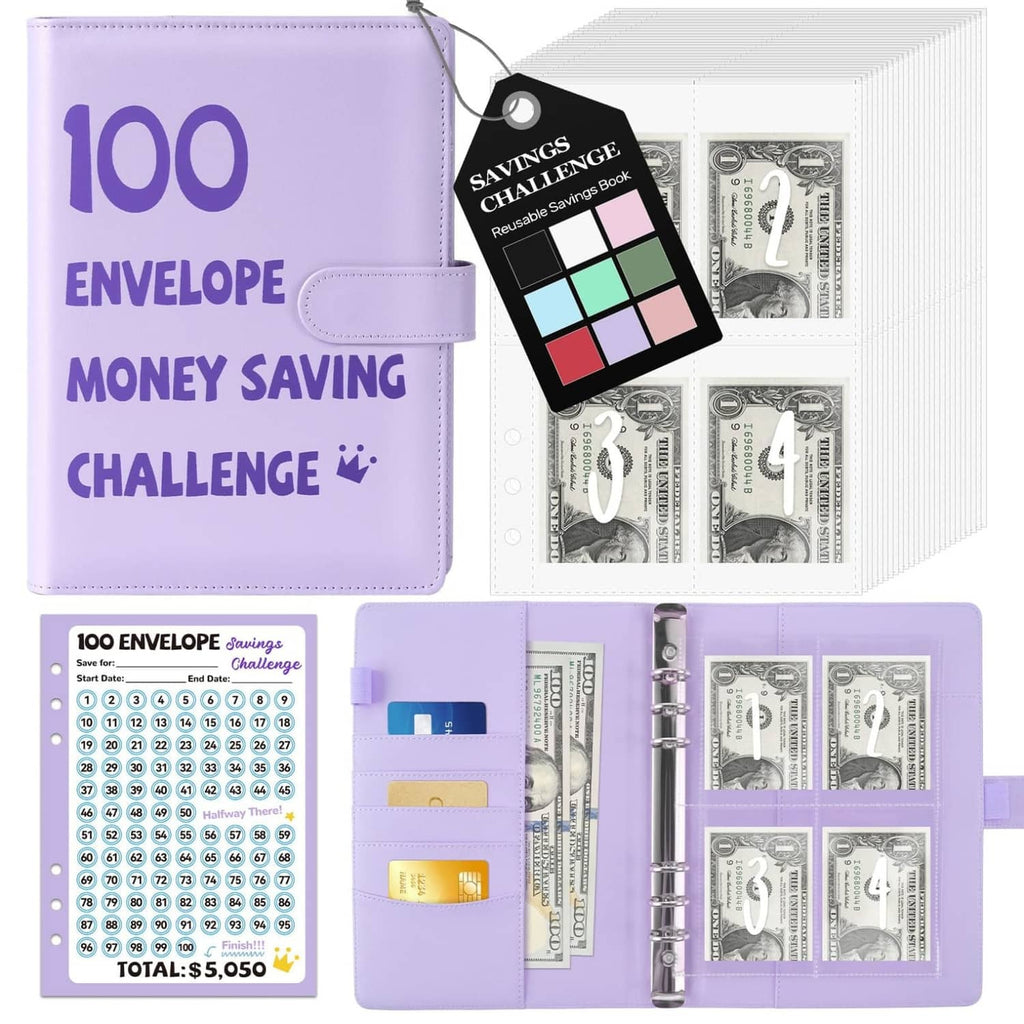 Purple A5 money saving binder with 100 envelope slots and included challenge tracker