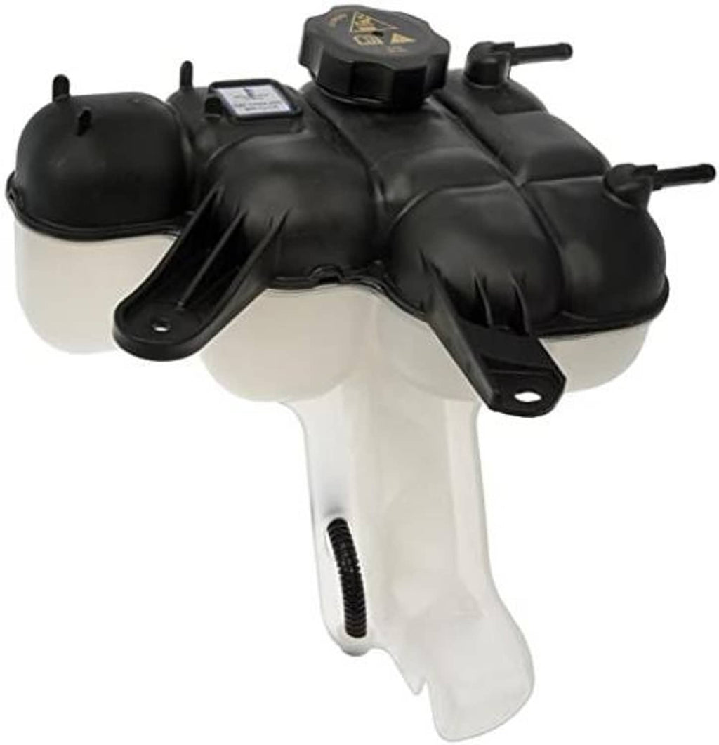 Black pressurized coolant reservoir with cap and mounting bracket, side outlets and hose lines