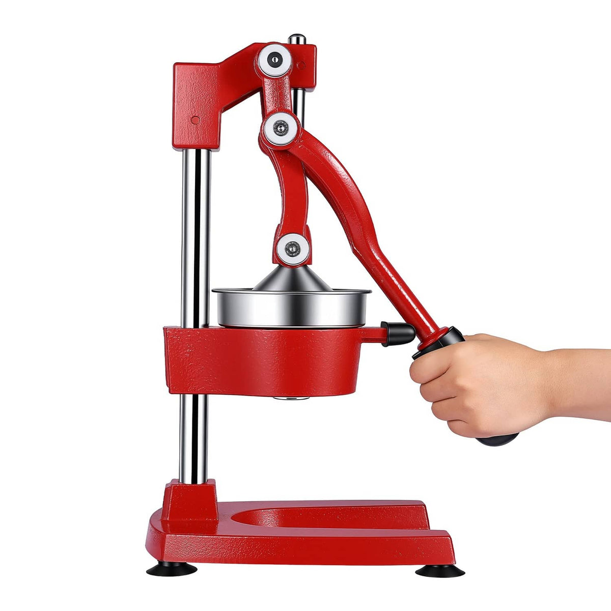 Red manual citrus juicer with hand press lever and stainless steel cup