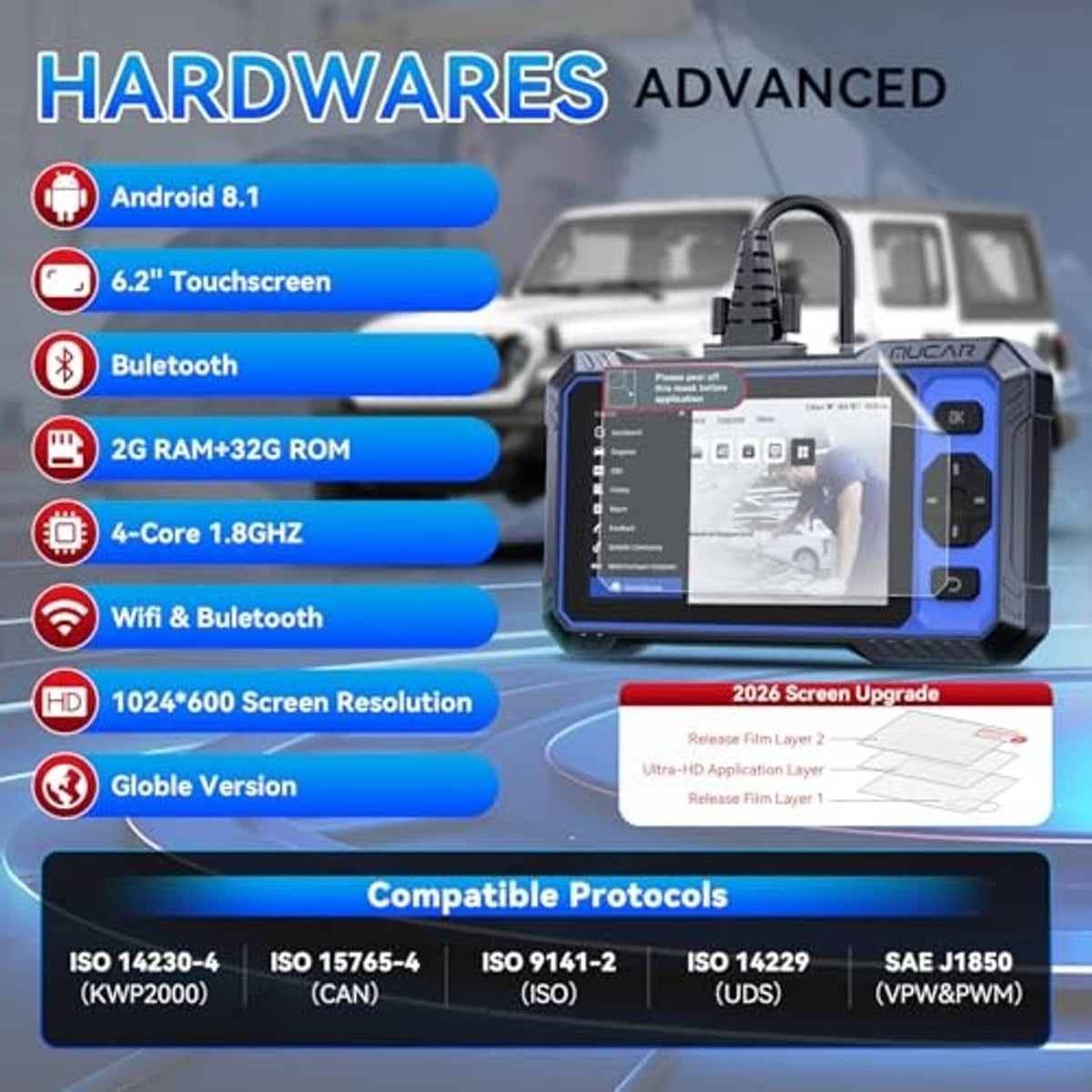 OBD2 diagnostic scanner with touchscreen and right-side controls