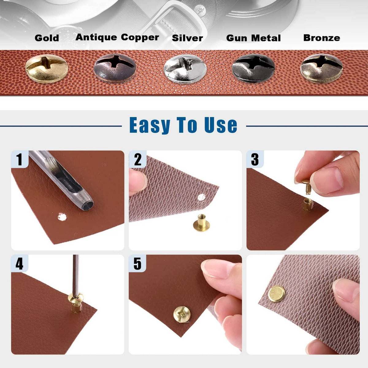 Chicago screws in five finishes—gold, antique copper, silver, gun metal, bronze