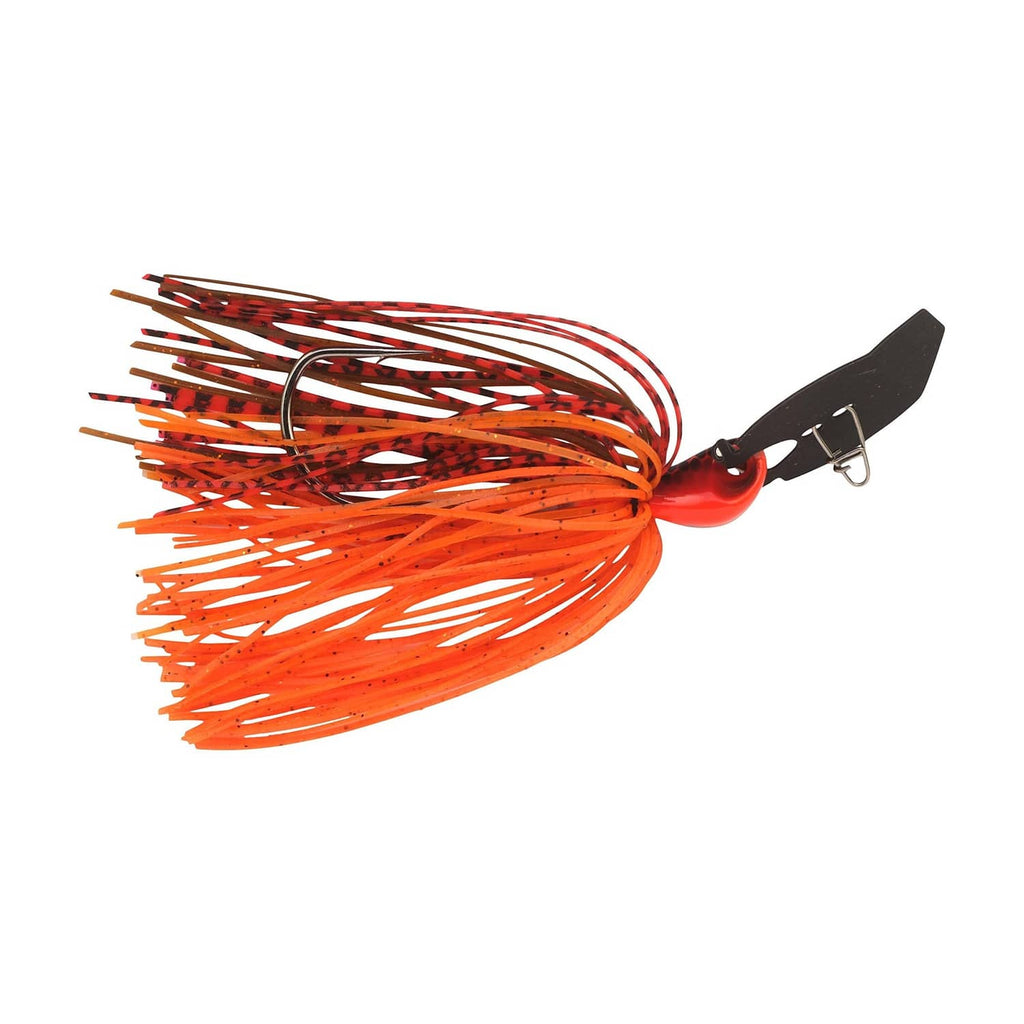 Orange bladed fishing jig with black blade, curved hook, striped skirt