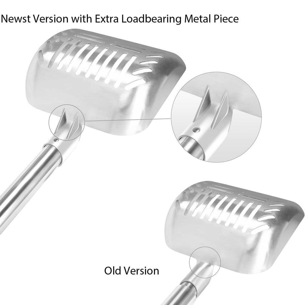 Metal litter scoop head with extra loadbearing piece and sifting slots, long handle