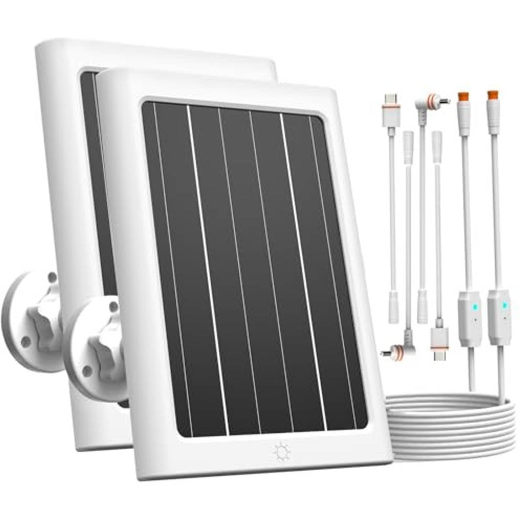 Two white solar panels with black glass cells and included wire connectors, outdoor-ready