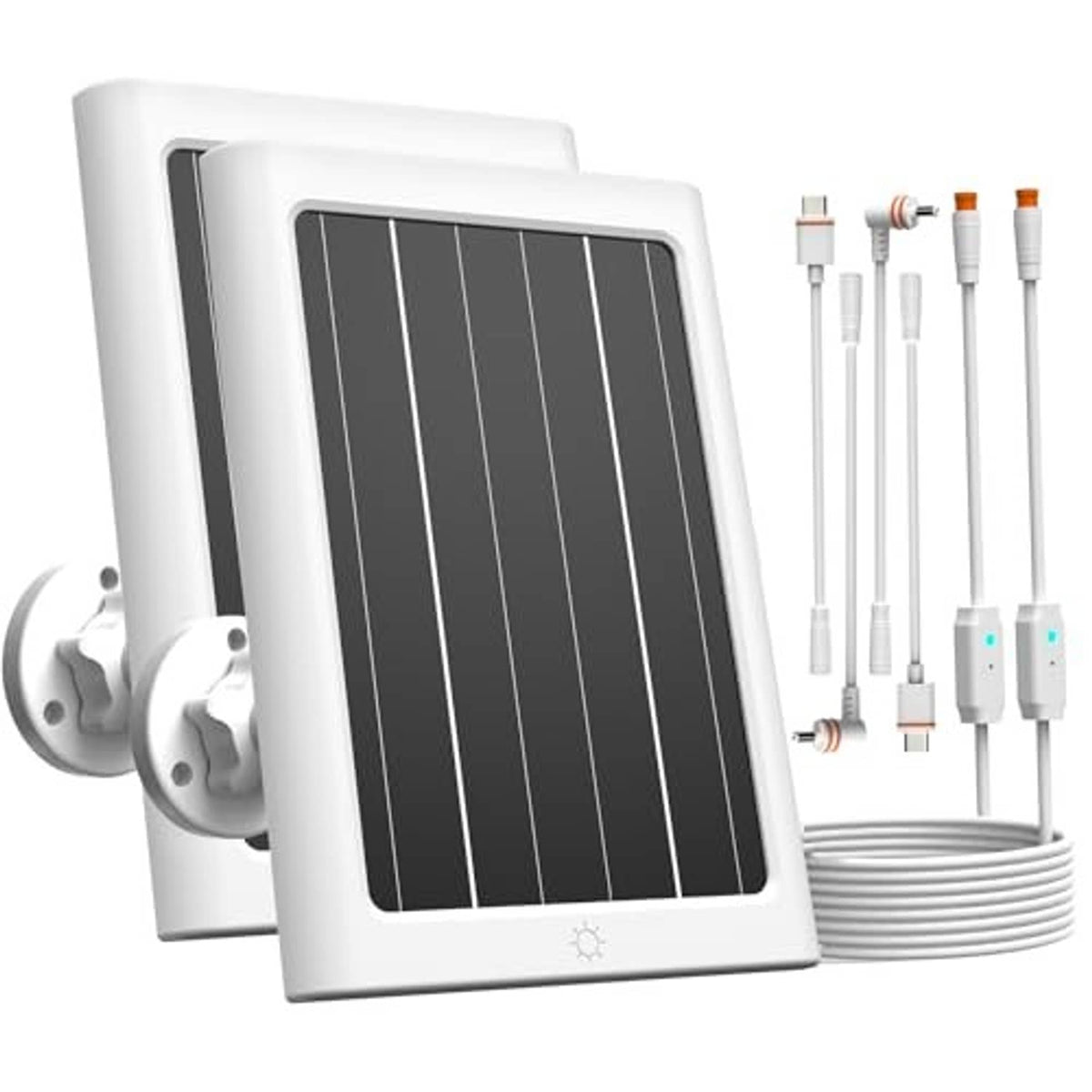 Two white solar panels with black glass cells and included wire connectors, outdoor-ready