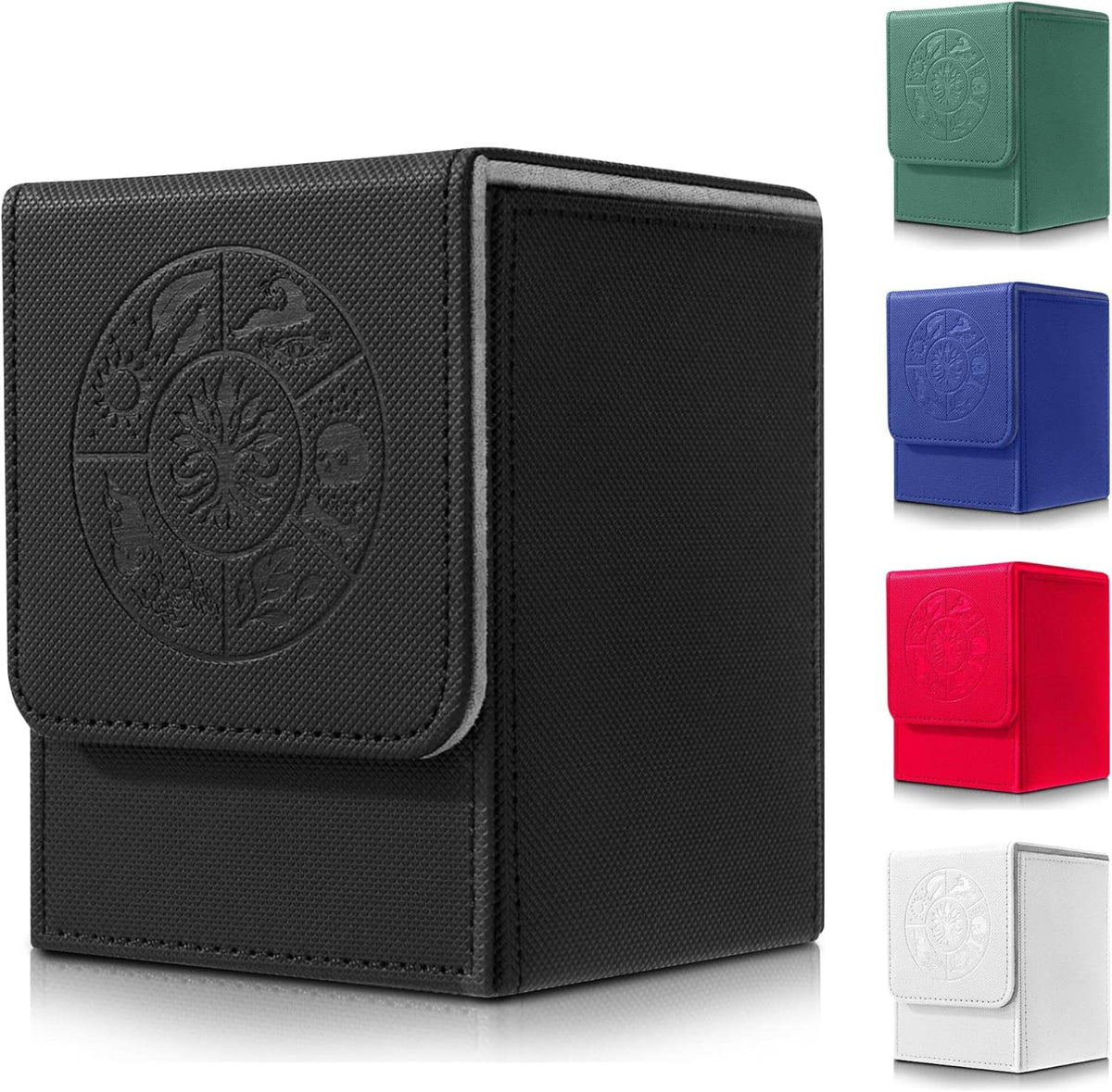 Black deck box with embossed dragon emblem on hinged flap, textured PU exterior