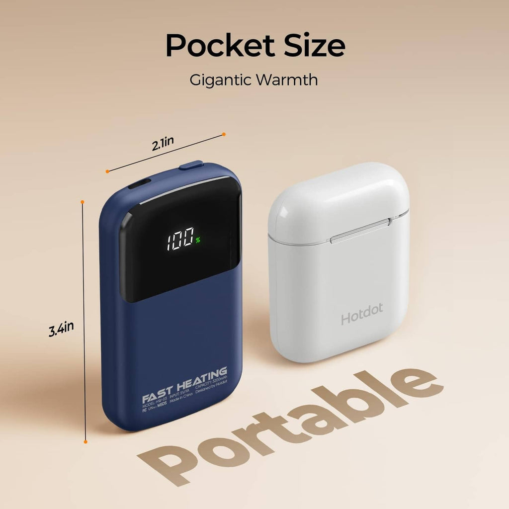 Compact blue and white rechargeable hand warmers with digital temperature screens.