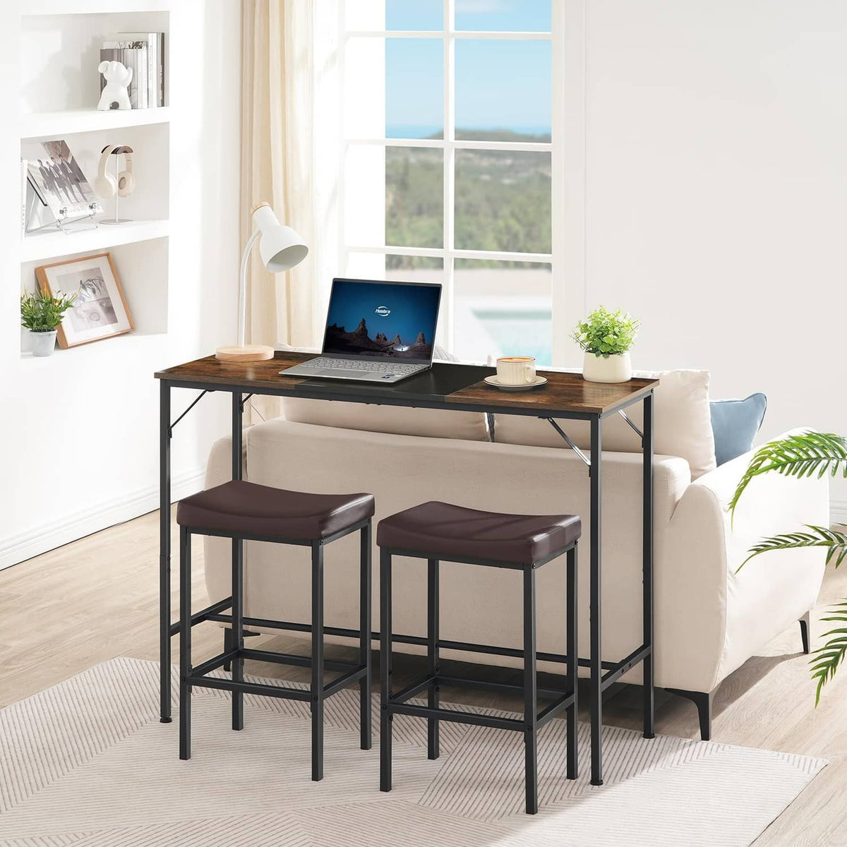 Set of 2 bar stools with dark brown padded seats and black metal frames.