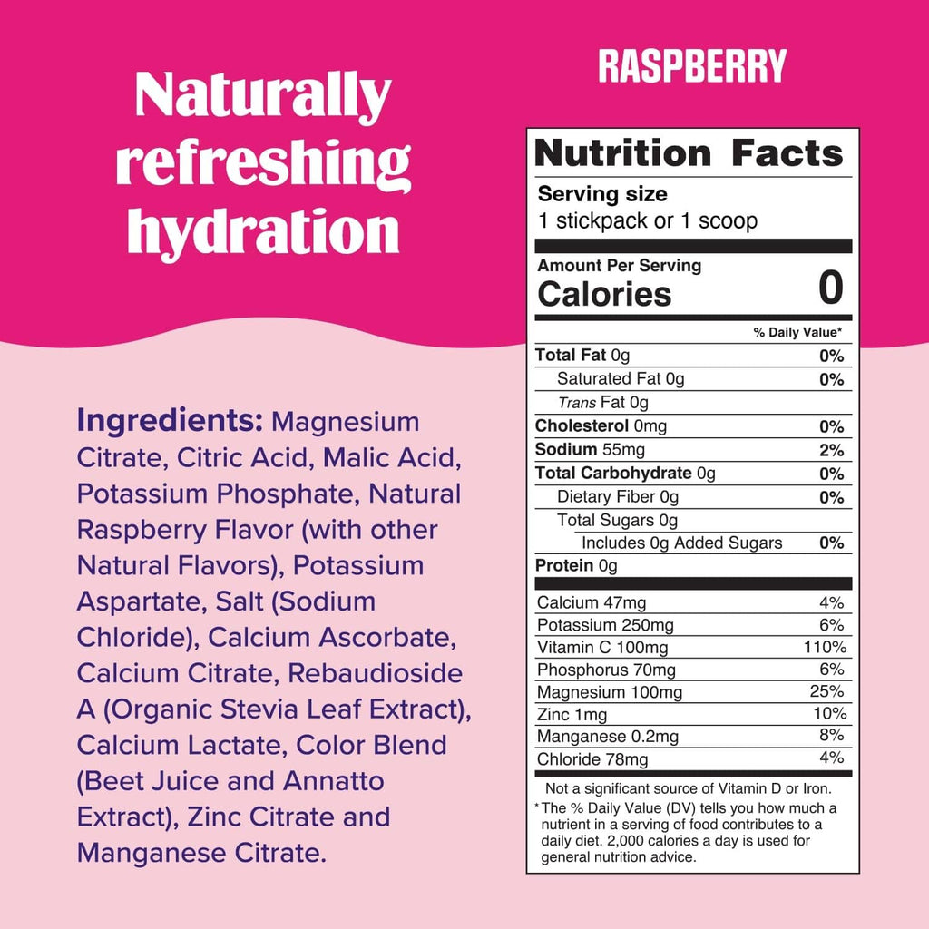 Raspberry electrolyte drink mix nutrition facts panel.