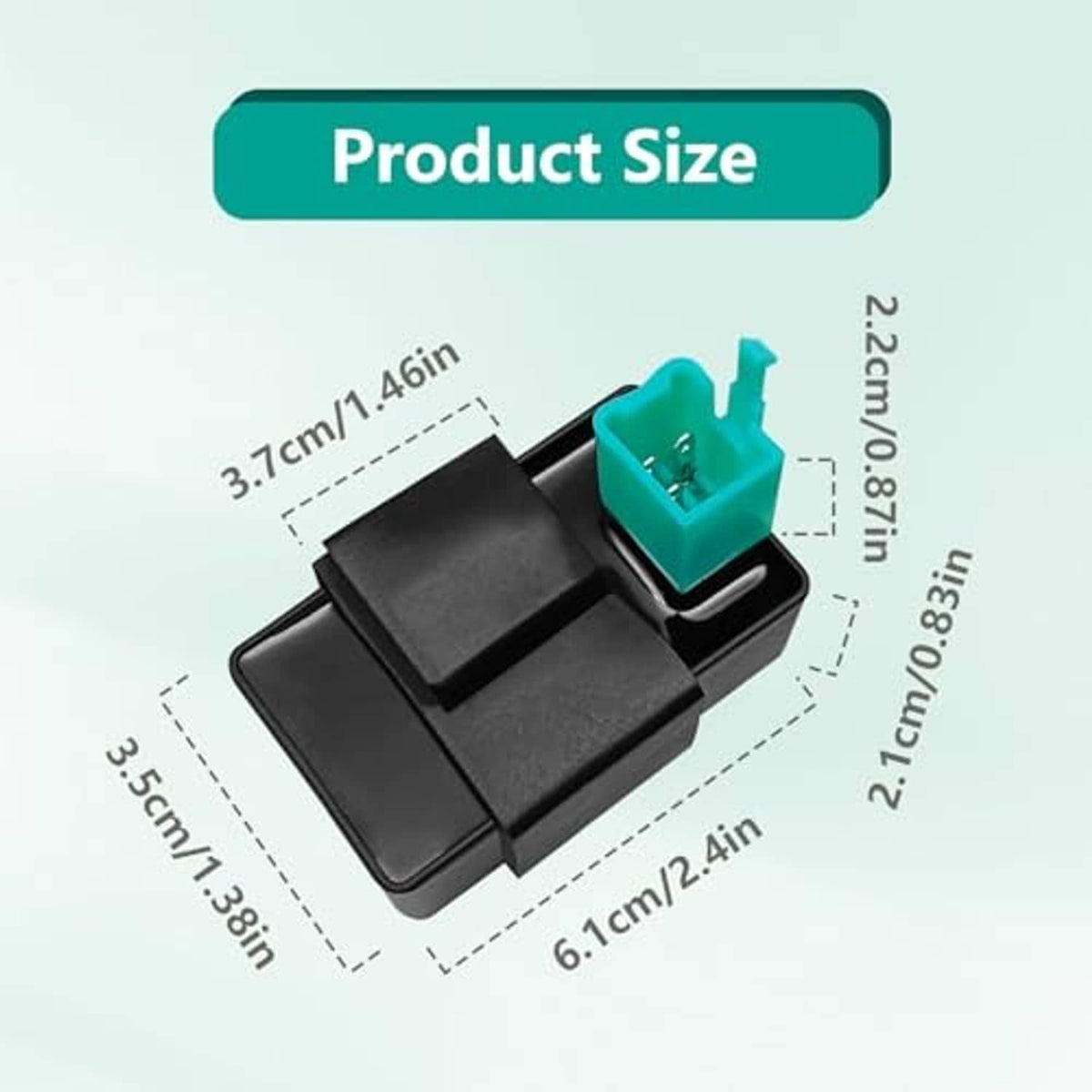 AC CDI ignition control box with teal connector, size guide shown