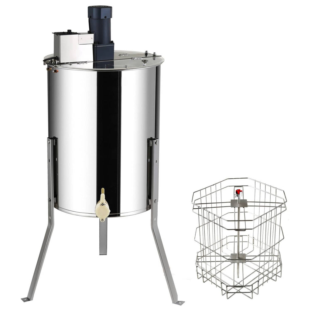 Electric honey extractor with stainless drum, tripod stand, and frame basket