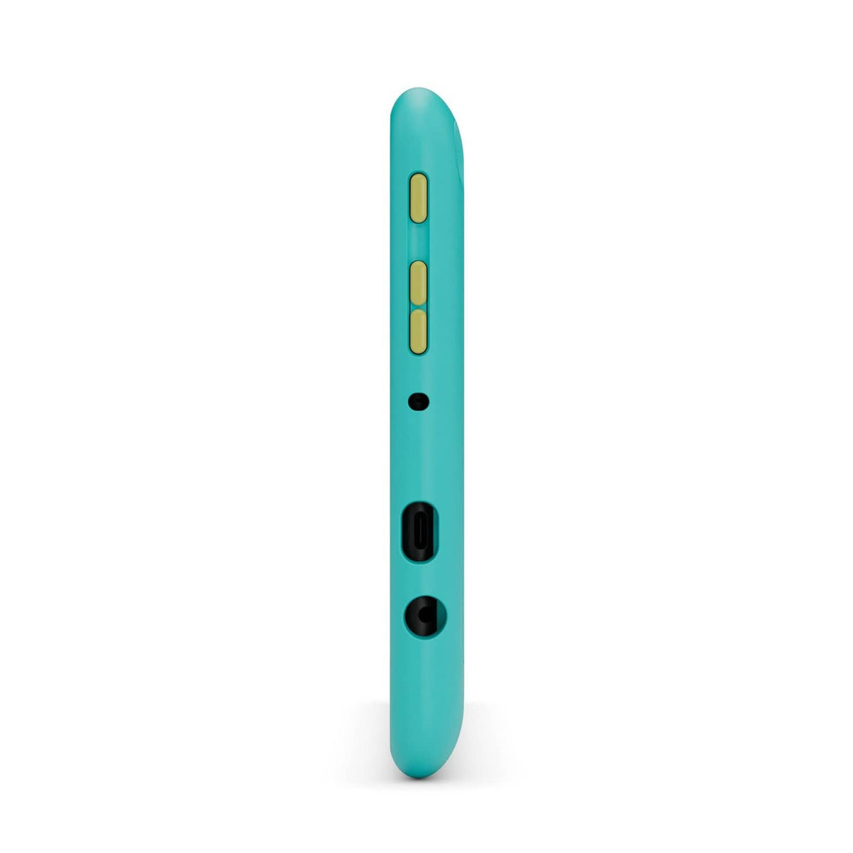 Teal tablet case side view with ports and button cutouts