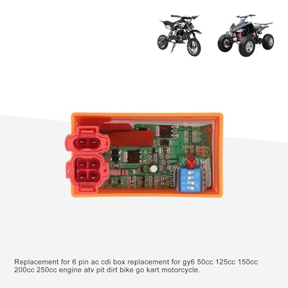 Orange CDI box with two red multi-pin sockets and green circuit board, open housing.