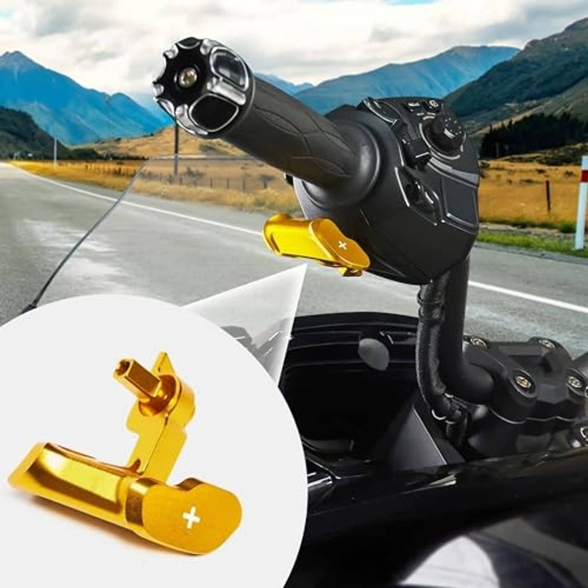 Gold thumb throttle paddle lever installed on motorcycle handlebar
