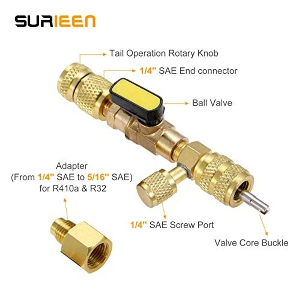 Brass valve core remover installer tool with adapters, gold connectors, and yellow lever