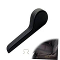 Black driver-side seat recliner handle, curved grip with mounting tab