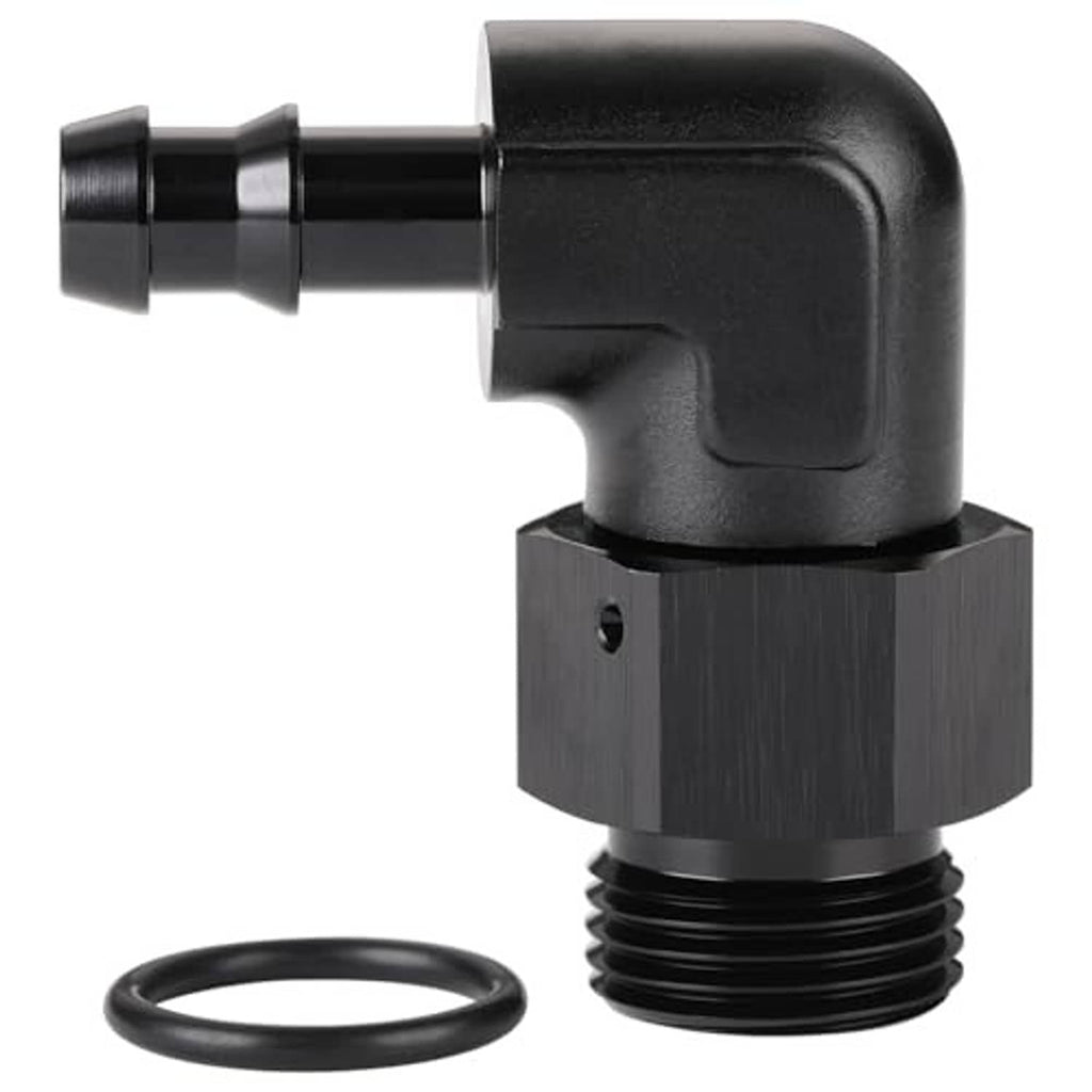 Black 90-degree hose barb adapter with metal hex body threads and included O-ring