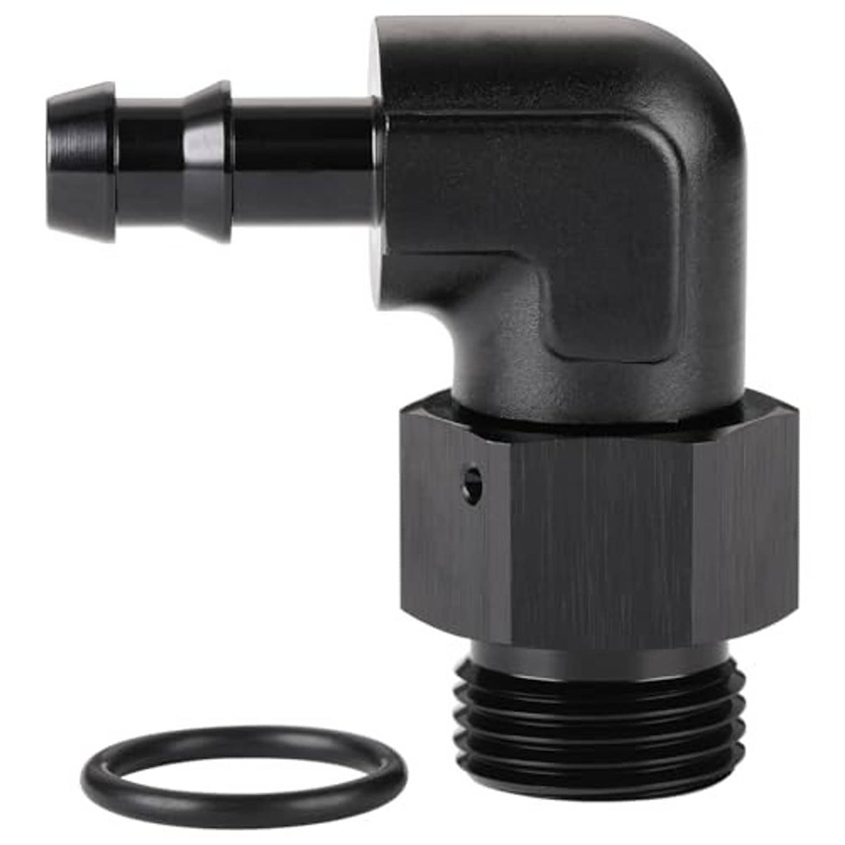 Black 90-degree hose barb adapter with metal hex body threads and included O-ring