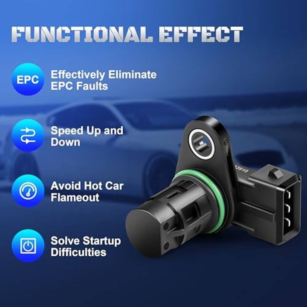 Engine camshaft position sensor angled view with black housing and green sealing ring