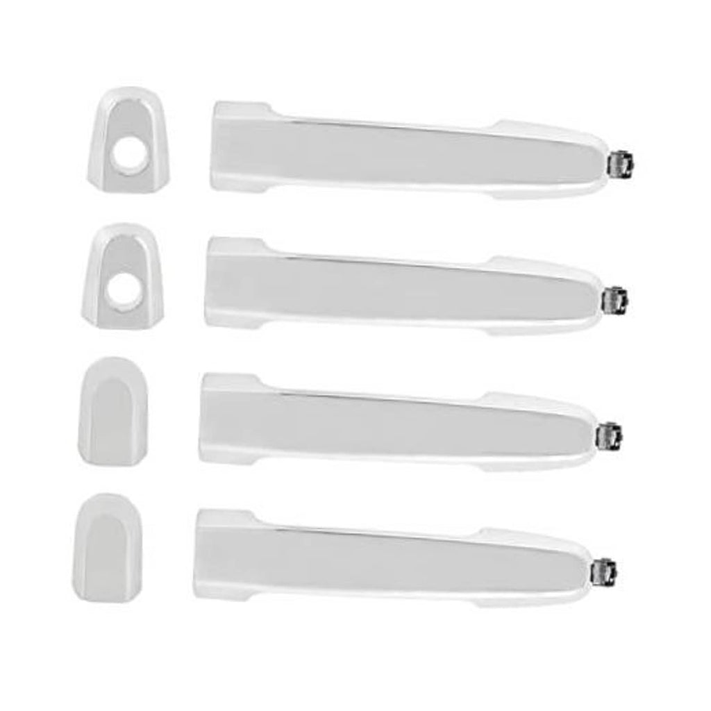 Set of white exterior door handles with matching gray mounting plates and metal latch ends