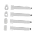 Set of white exterior door handles with matching gray mounting plates and metal latch ends