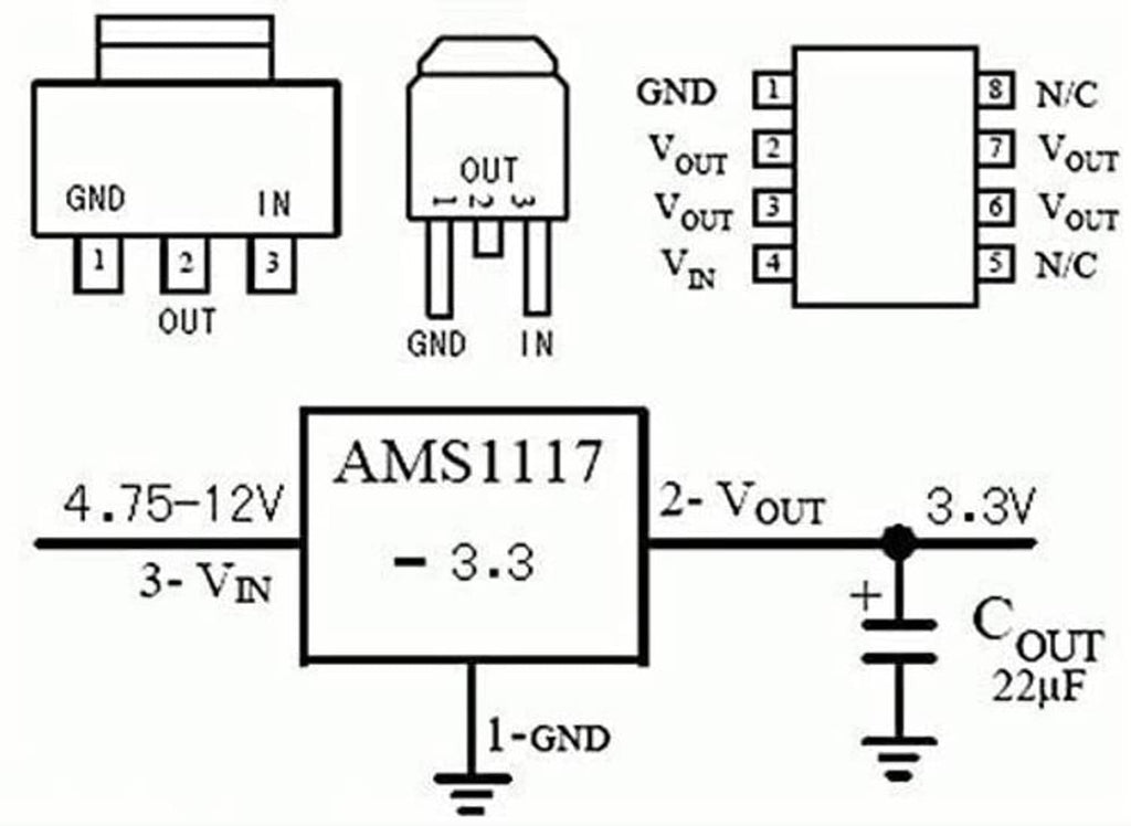 AMS1117 3.3V regulator connection diagram with VIN, GND, and VOUT 2-pin labels