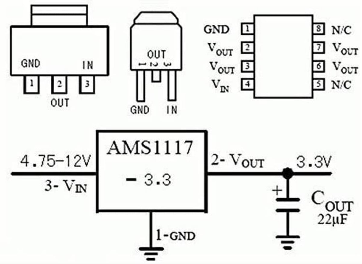 AMS1117 3.3V regulator connection diagram with VIN, GND, and VOUT 2-pin labels
