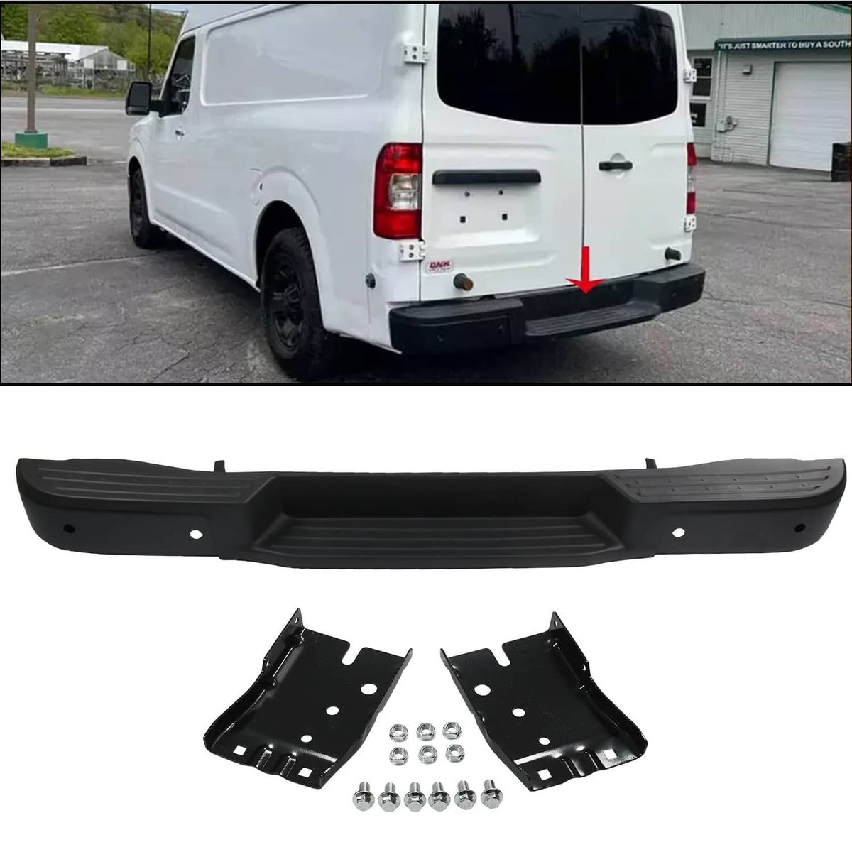 Black rear step bumper cover with parking sensor openings and mounting brackets