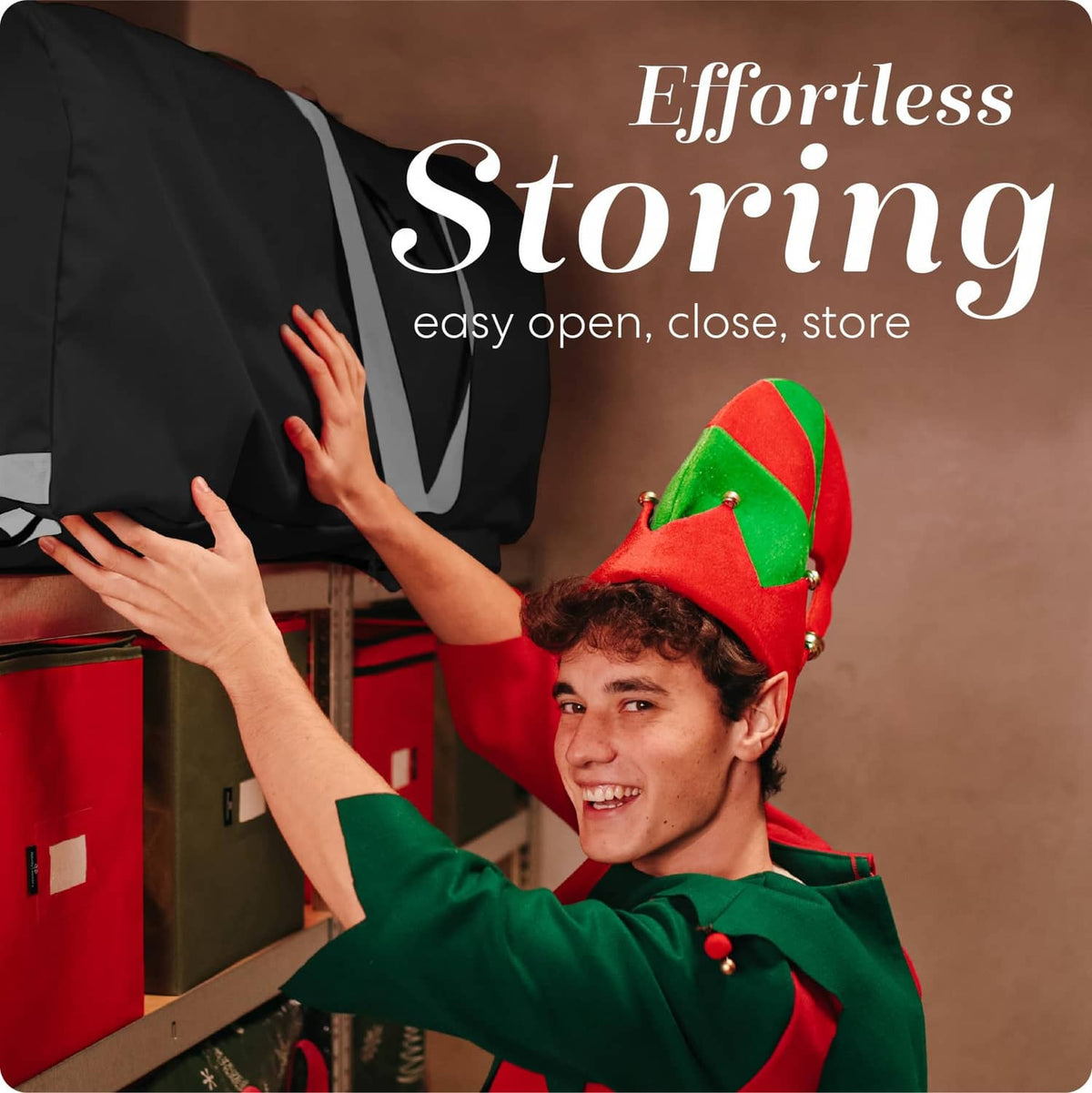 Black tree storage bag with dual side handles and zippers being opened