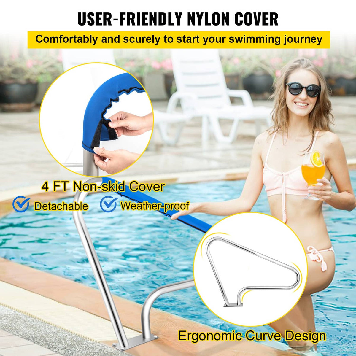 Stainless steel pool handrail with blue non-slip grip cover for safe entry