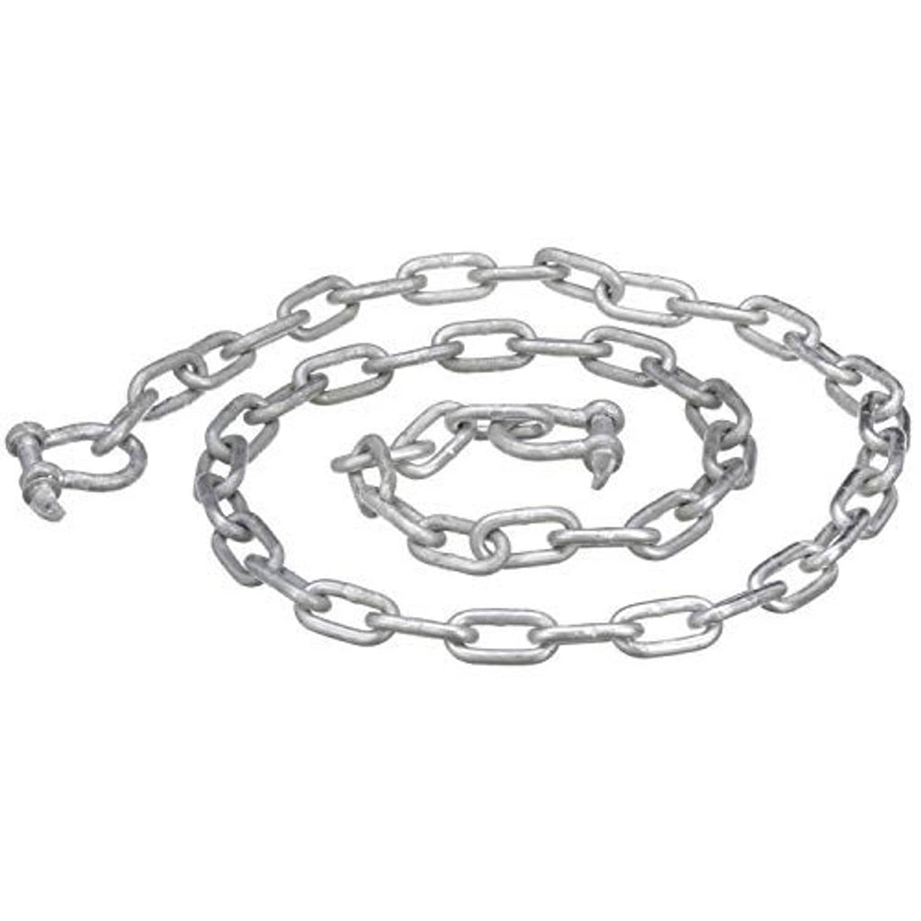 Galvanized steel anchor chain laid out, showing thick link structure