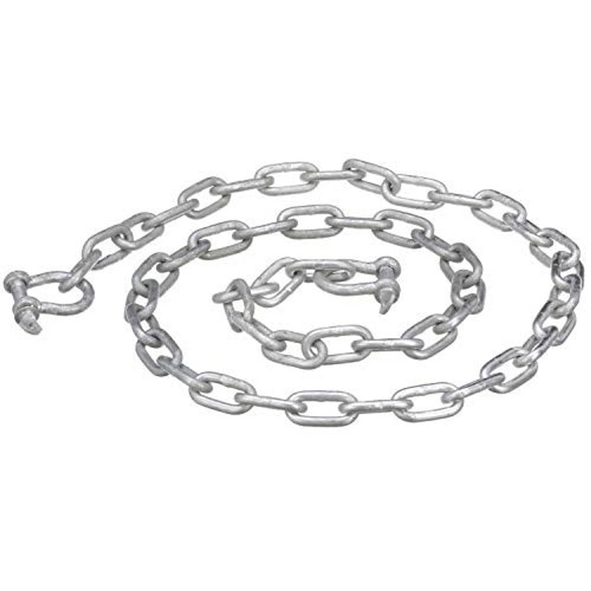 Galvanized steel anchor chain laid out, showing thick link structure