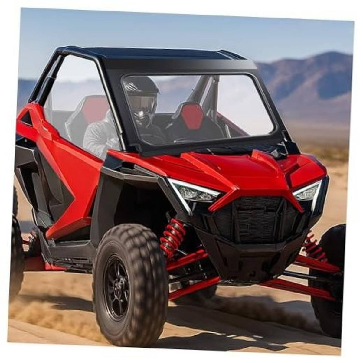 Front full glass windshield with black frame on red off-road UTV