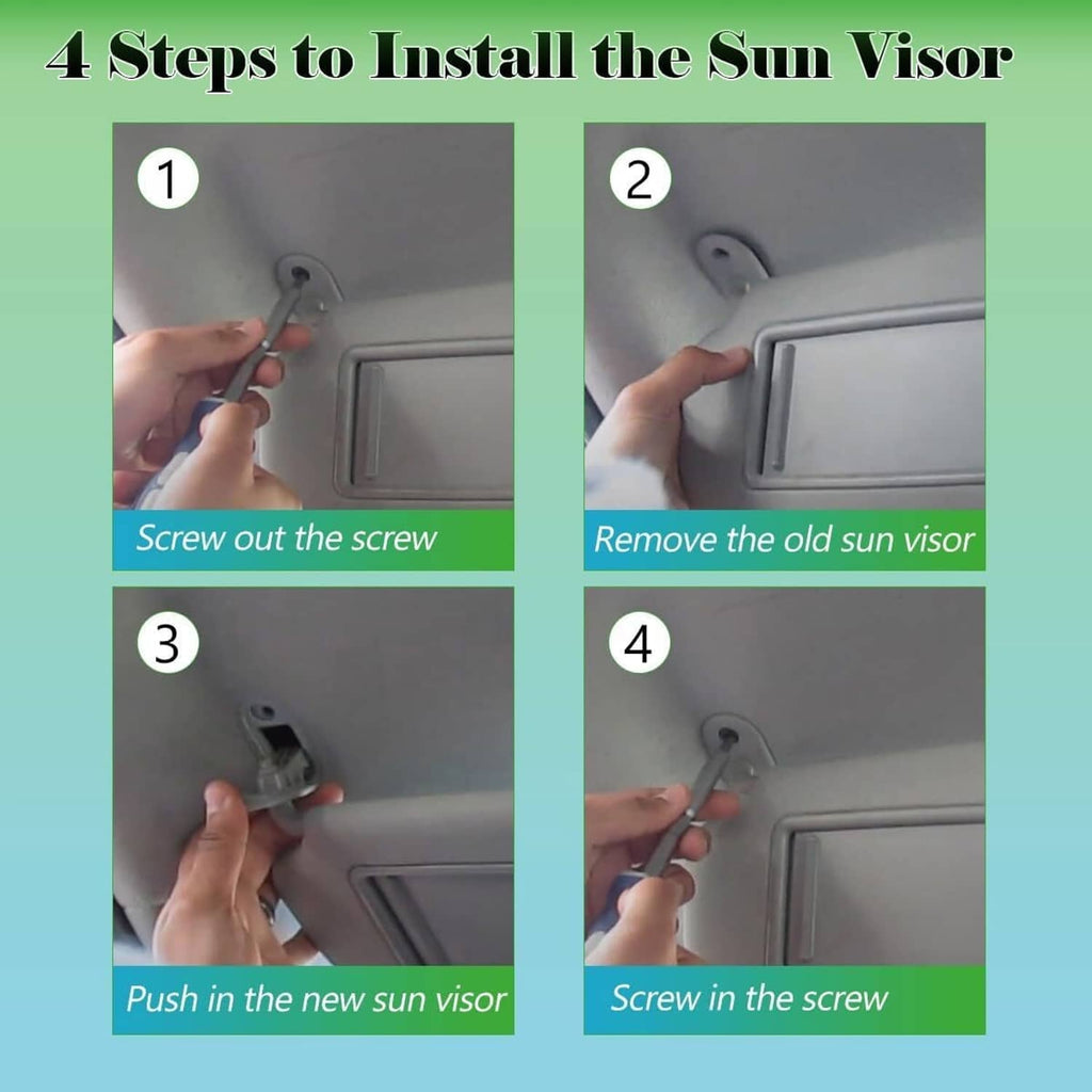 Grey sun visor installation steps showing screw removal and mounting