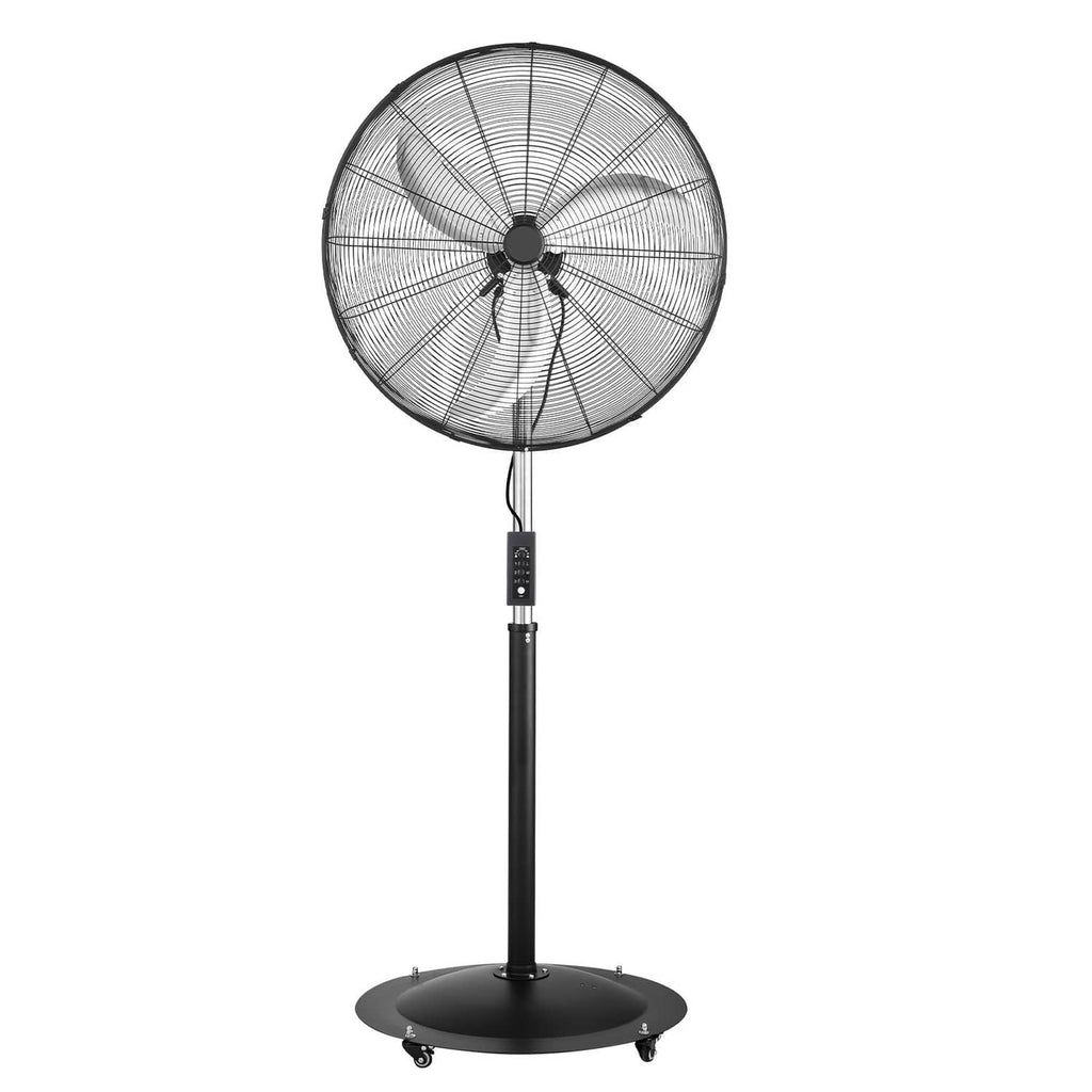 30-inch industrial pedestal fan with black stand, round grille, and oscillating head