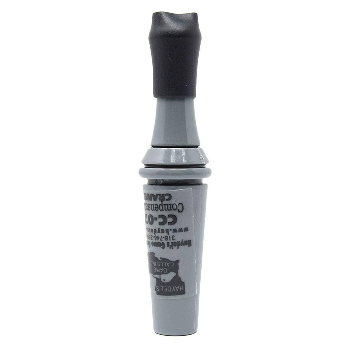Haydel's compensator crane call, gray canister with black mouthpiece, side label view