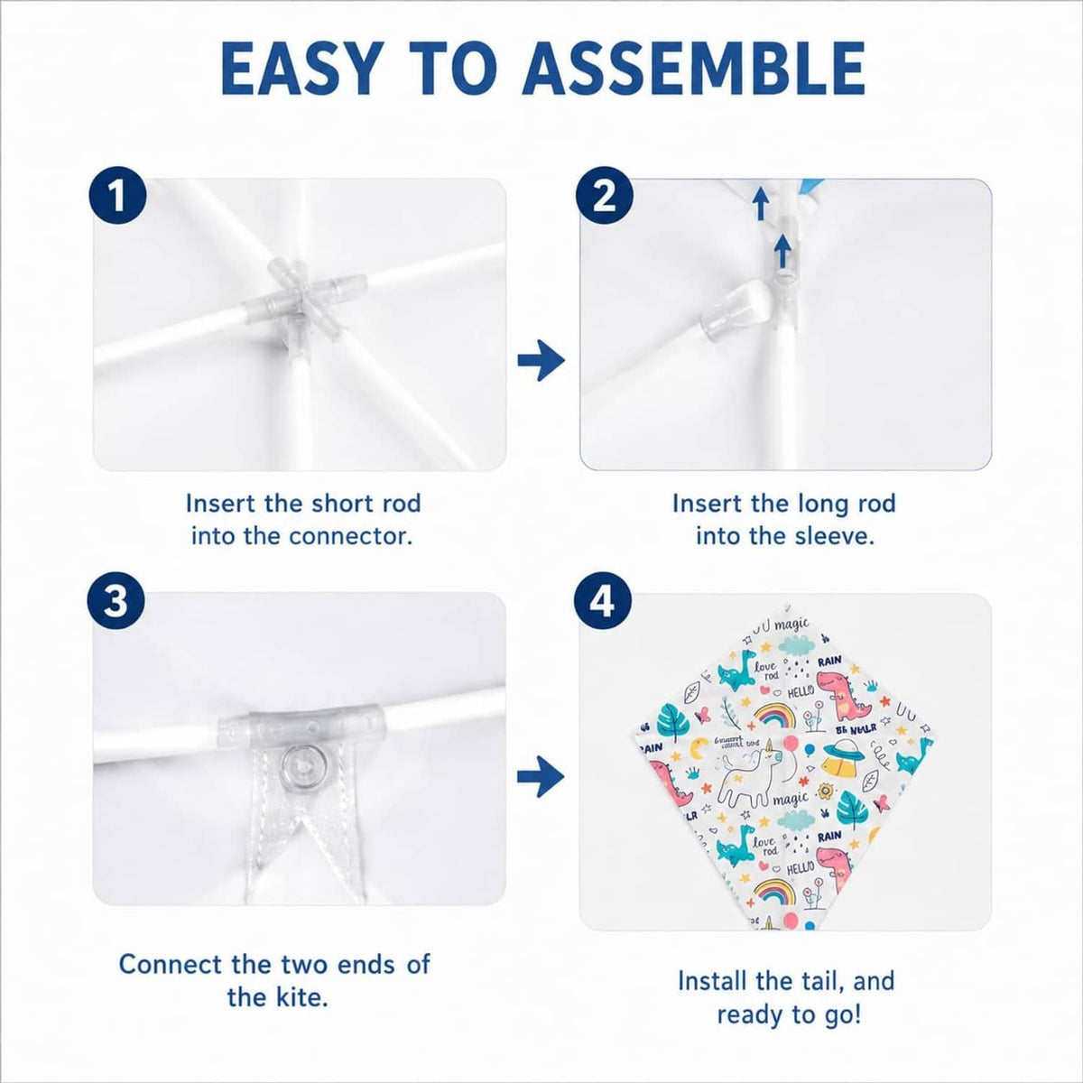 DIY kite assembly steps with white frame rods and connector pieces