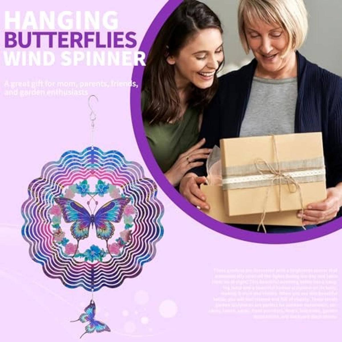 Hanging butterfly wind spinner with blue, pink, and purple butterfly motif on layered circular metal