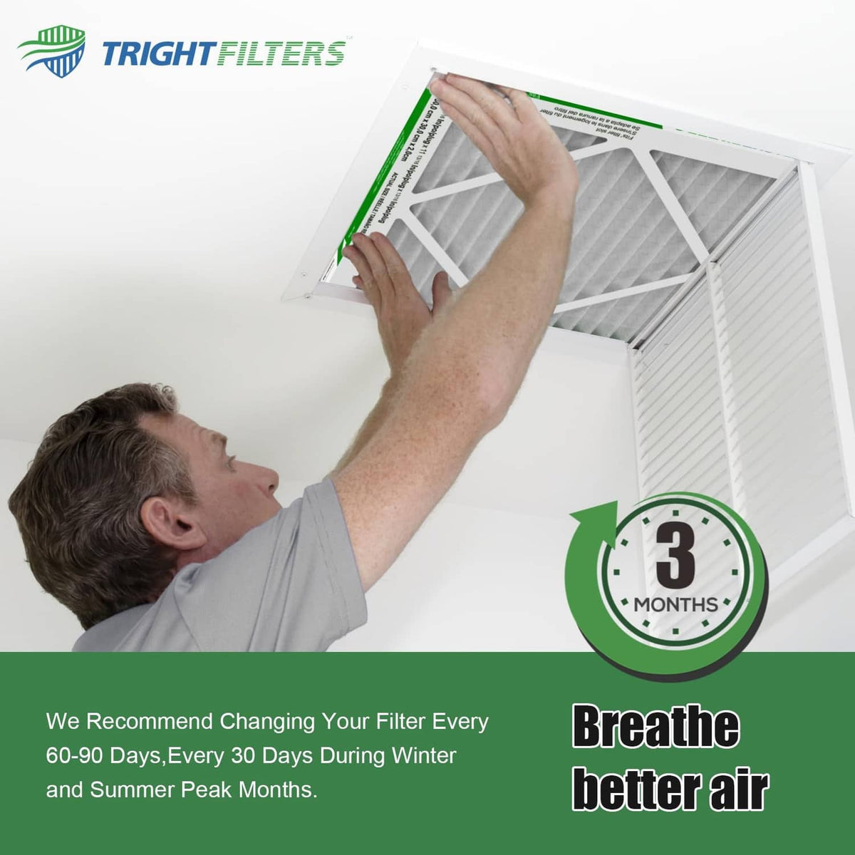 Hand installing a white pleated air filter into an HVAC vent, 3-month reminder