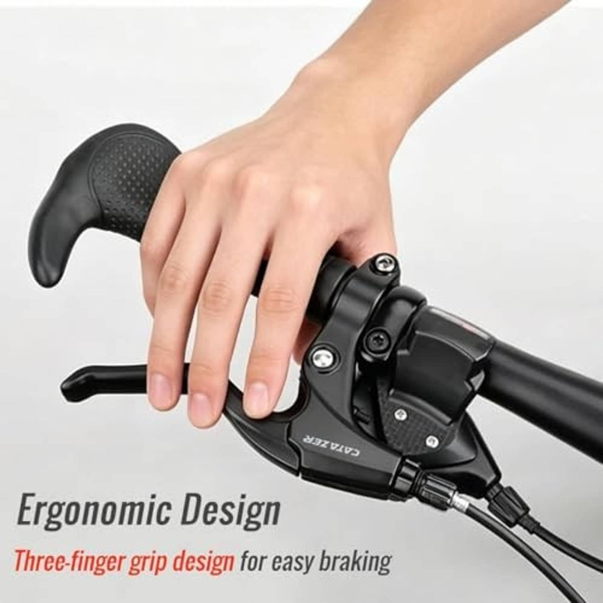 Black three-finger bicycle brake lever held by a hand, ready to squeeze.