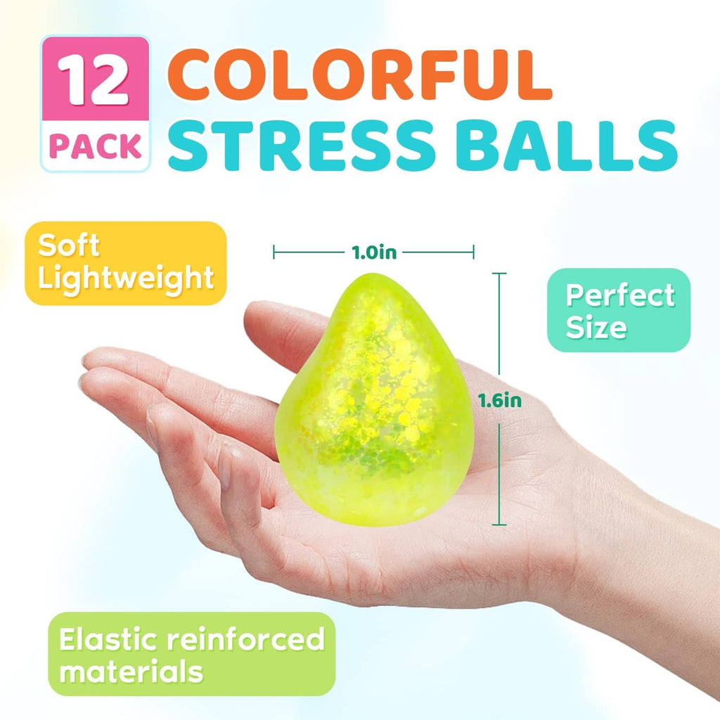 Green glitter water-droplet squishy stress ball held in a hand, 1.6 in size.