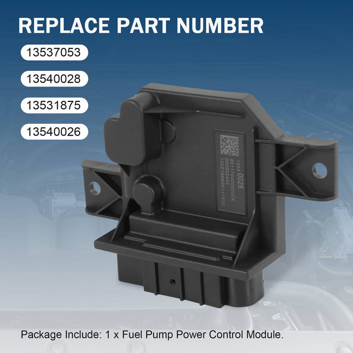 Black fuel pump power control module replacement part pictured with mounting bracket