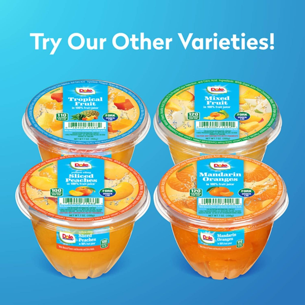 Assorted fruit cups with sealed lids, shown in a group