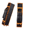 Black and orange wheeled canopy storage bag with zip-front and side pockets, upright.