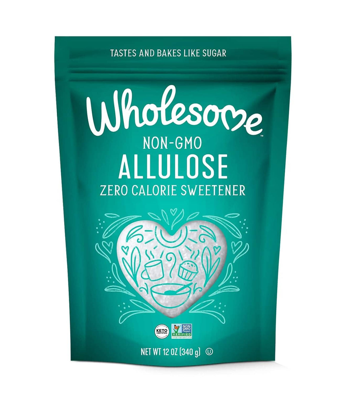 Green allulose sweetener bag showing Non-GMO and zero calorie, 12 oz net wt
